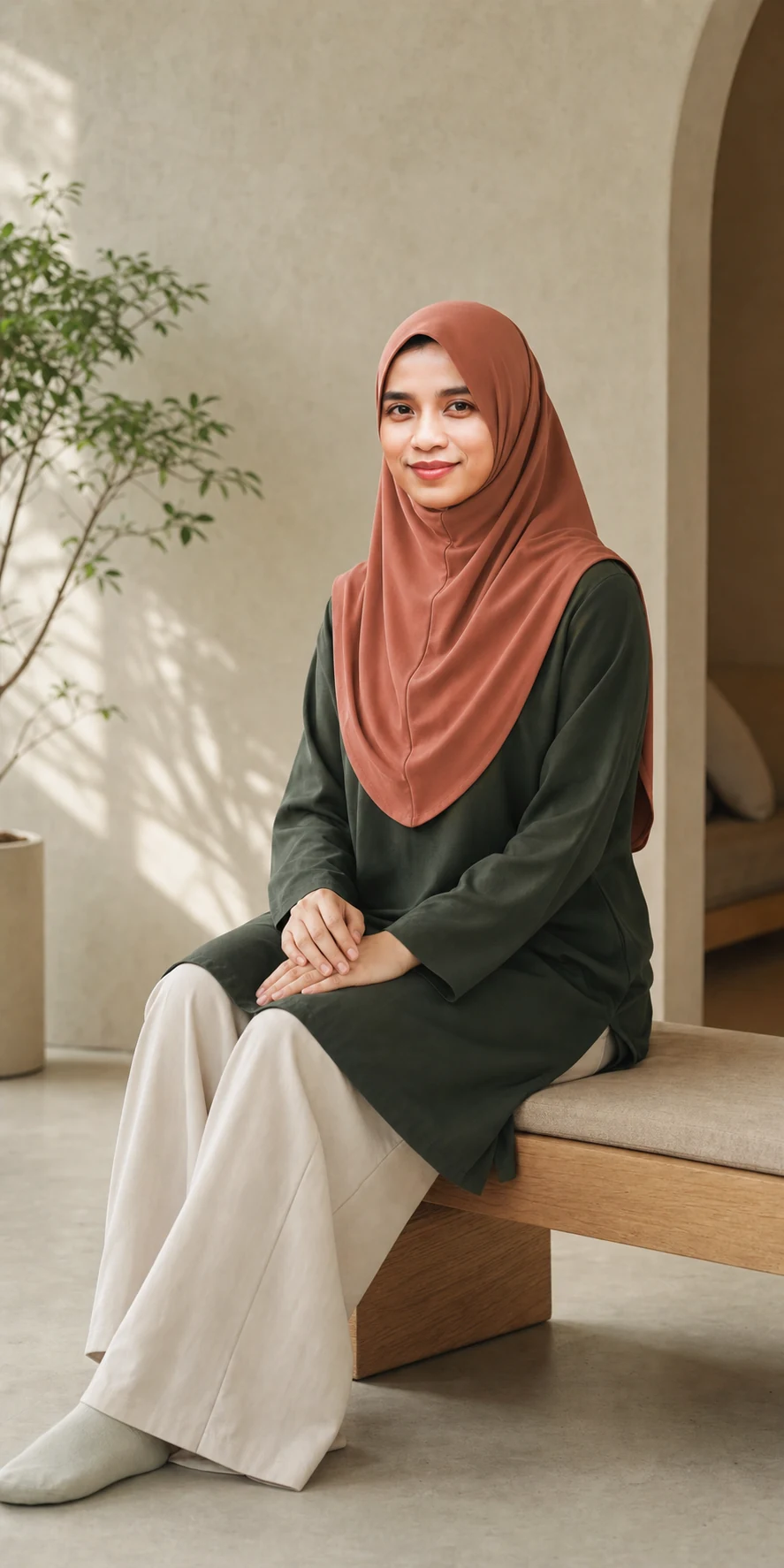 Dr. Ailin Razali in a modest terracotta hijab and forest-green tunic