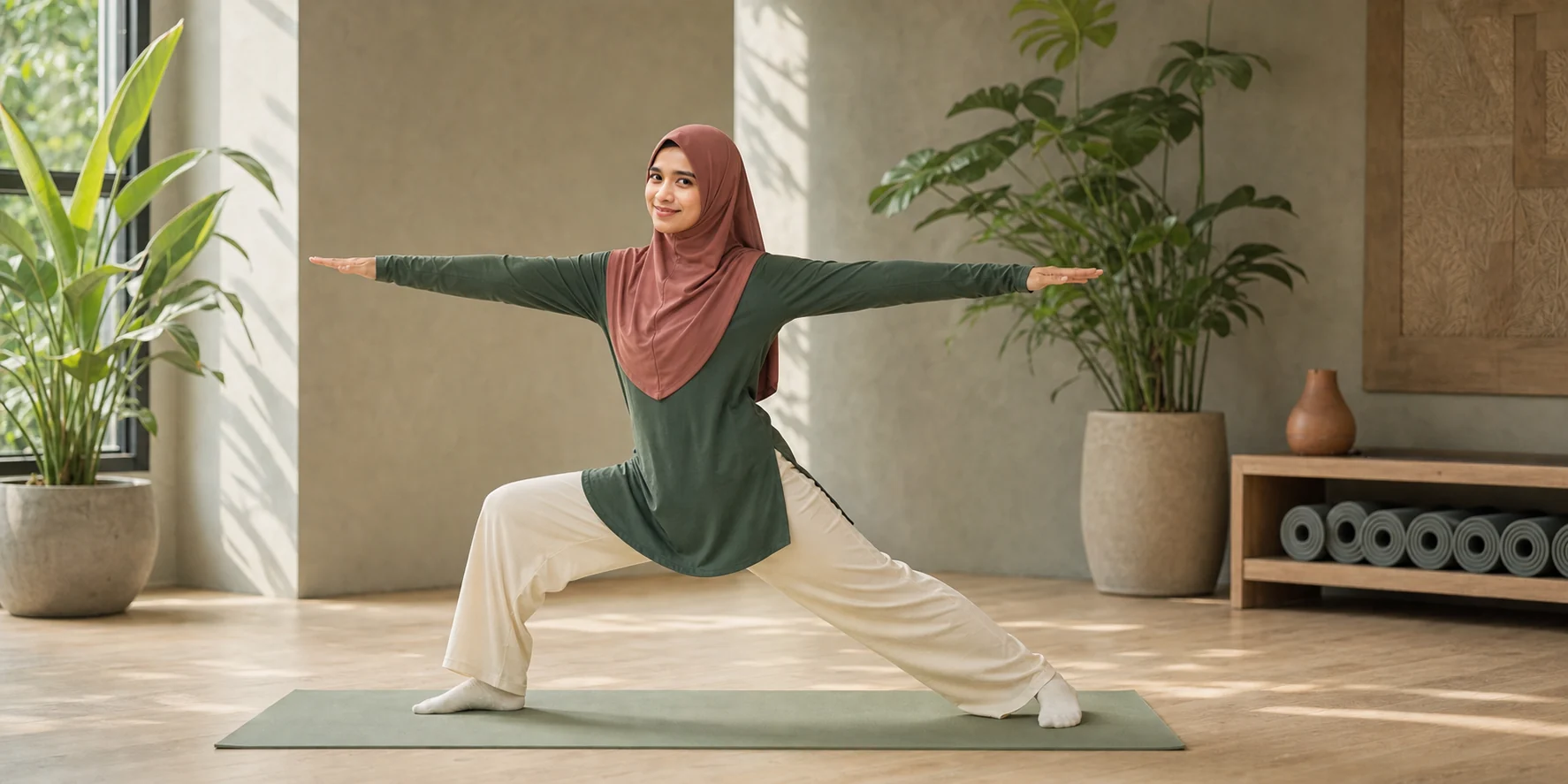 Dr. Ailin Razali demonstrating Warrior Two in a fully modest yoga outfit
